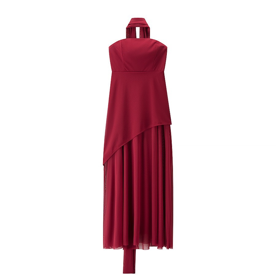 ZA-Style Tie-Neck Halter Mesh Panel A-Line Dress