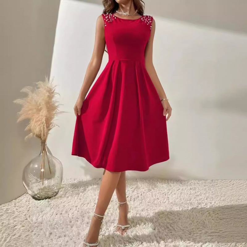 Women's Sleeveless Beaded Round Neck Slim Fit Midi Dress