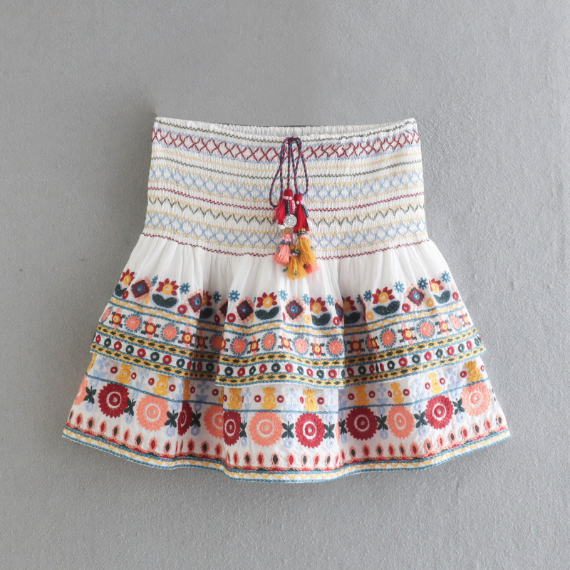 Women's Vintage V-Neck Embroidered Top & High-Waist Tiered Skirt Set