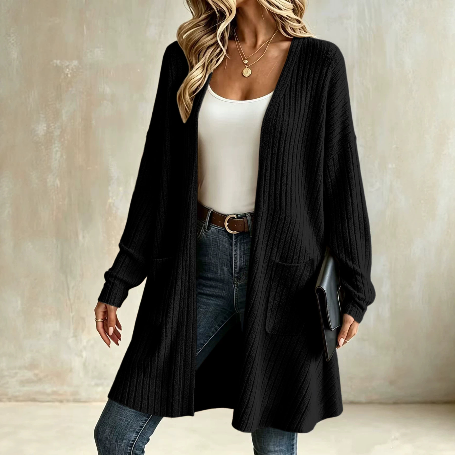 Ribbed Knit Cardigan Solid Color Casual Outerwear