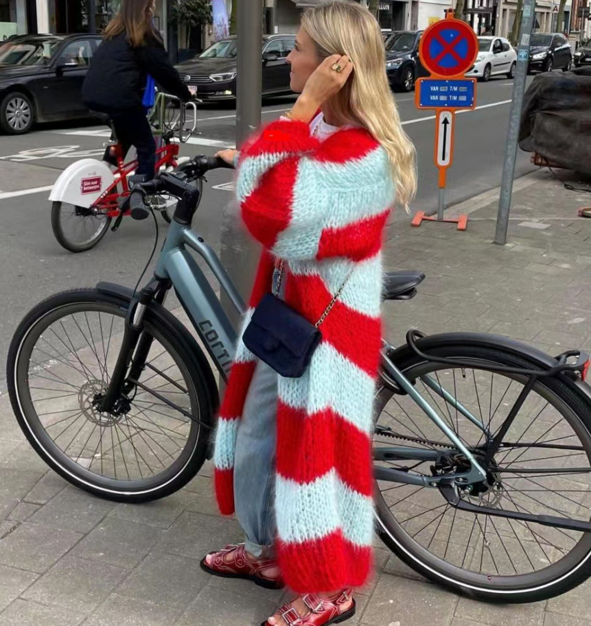 Color-Block Striped Knit Long Cardigan Sweater Coat