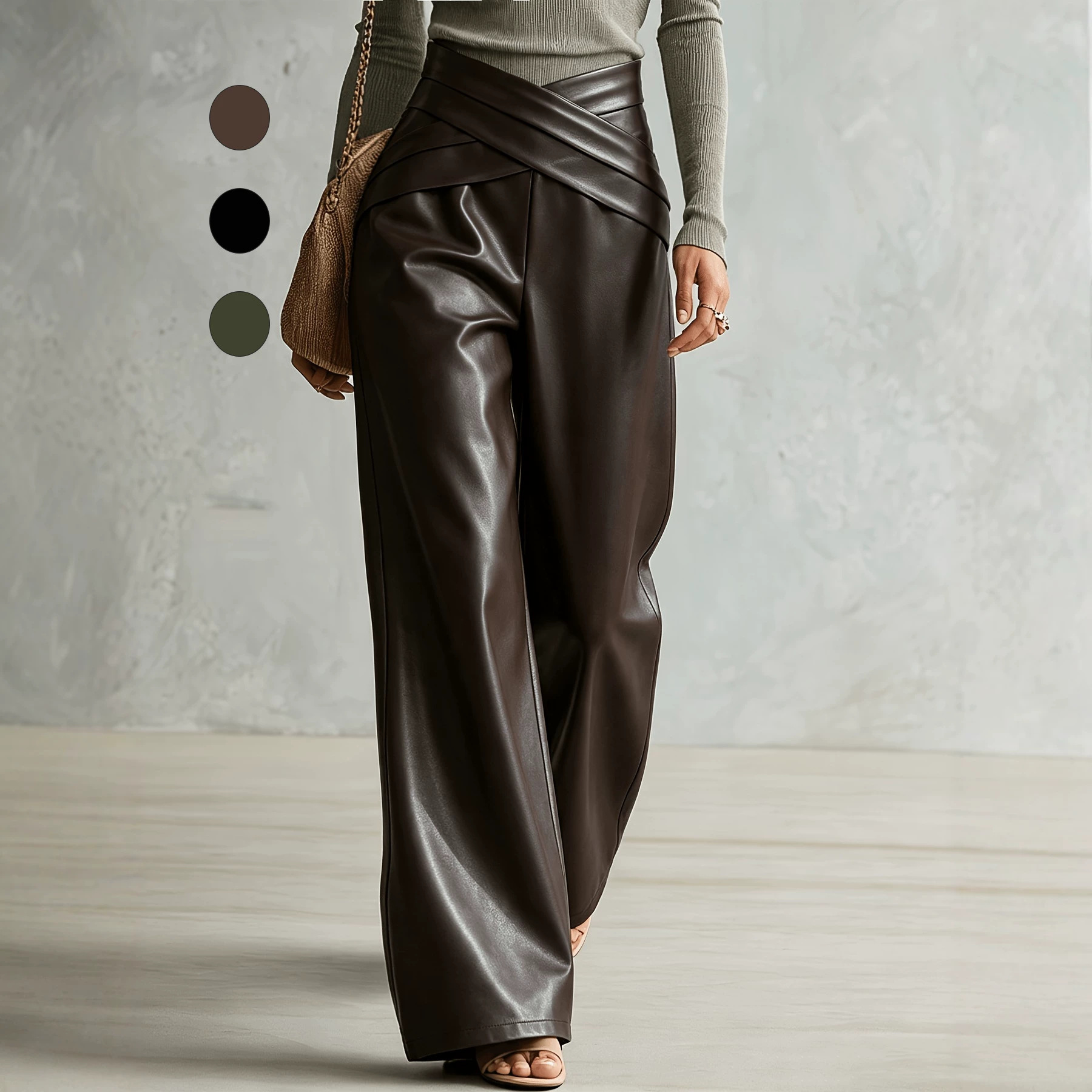 Cross-Wrap High-Waist Faux Leather Wide-Leg Palazzo Pants