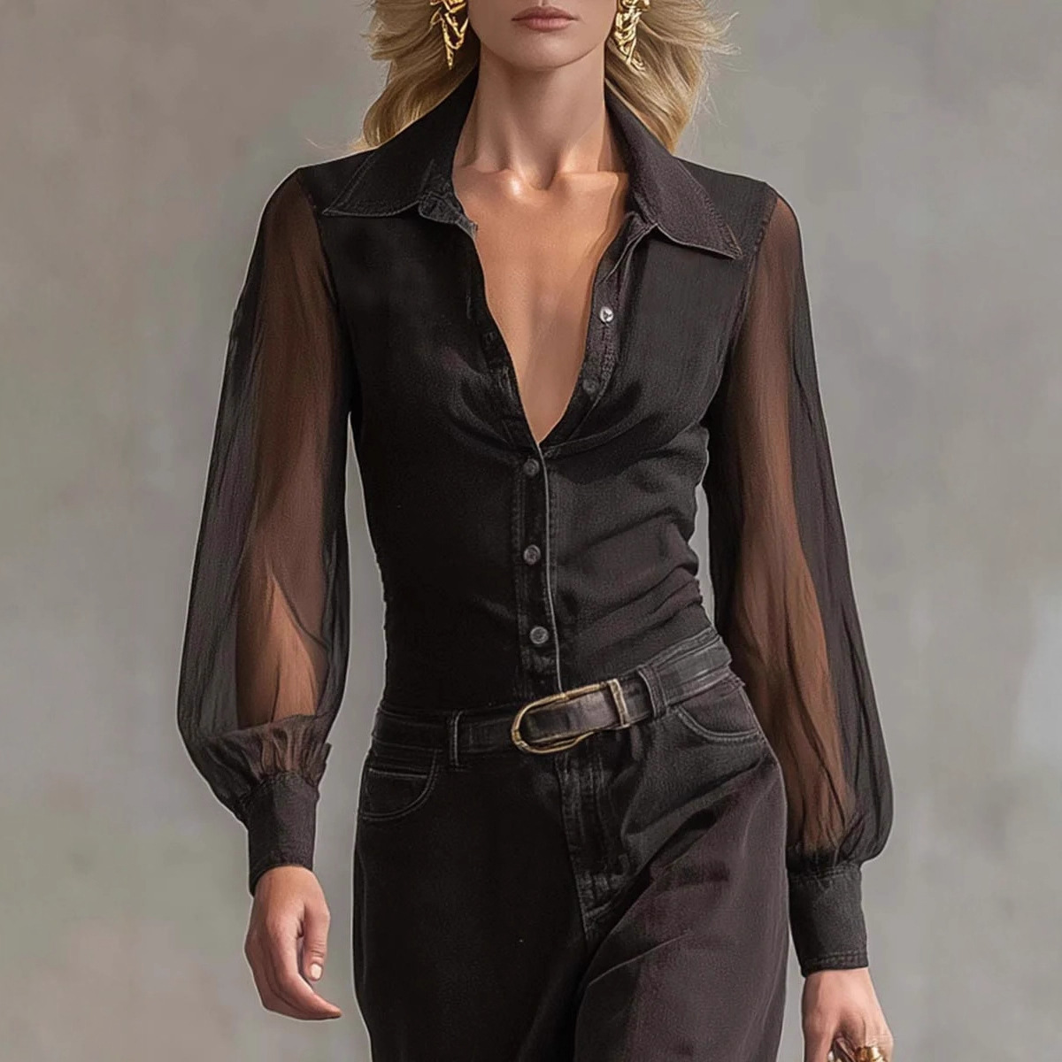 Women's Long Sleeve Sheer Mesh Button-Down Shirt Collar Studded Maxi Dress