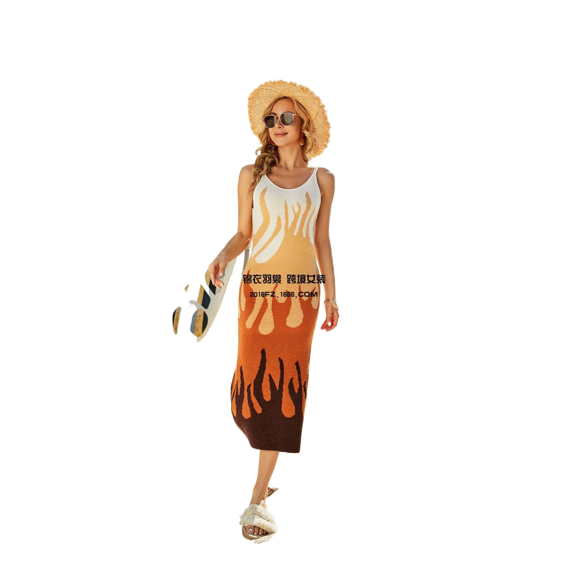 Plus Size Printed Knit Long Sleeve V-Neck Maxi Beach Dress