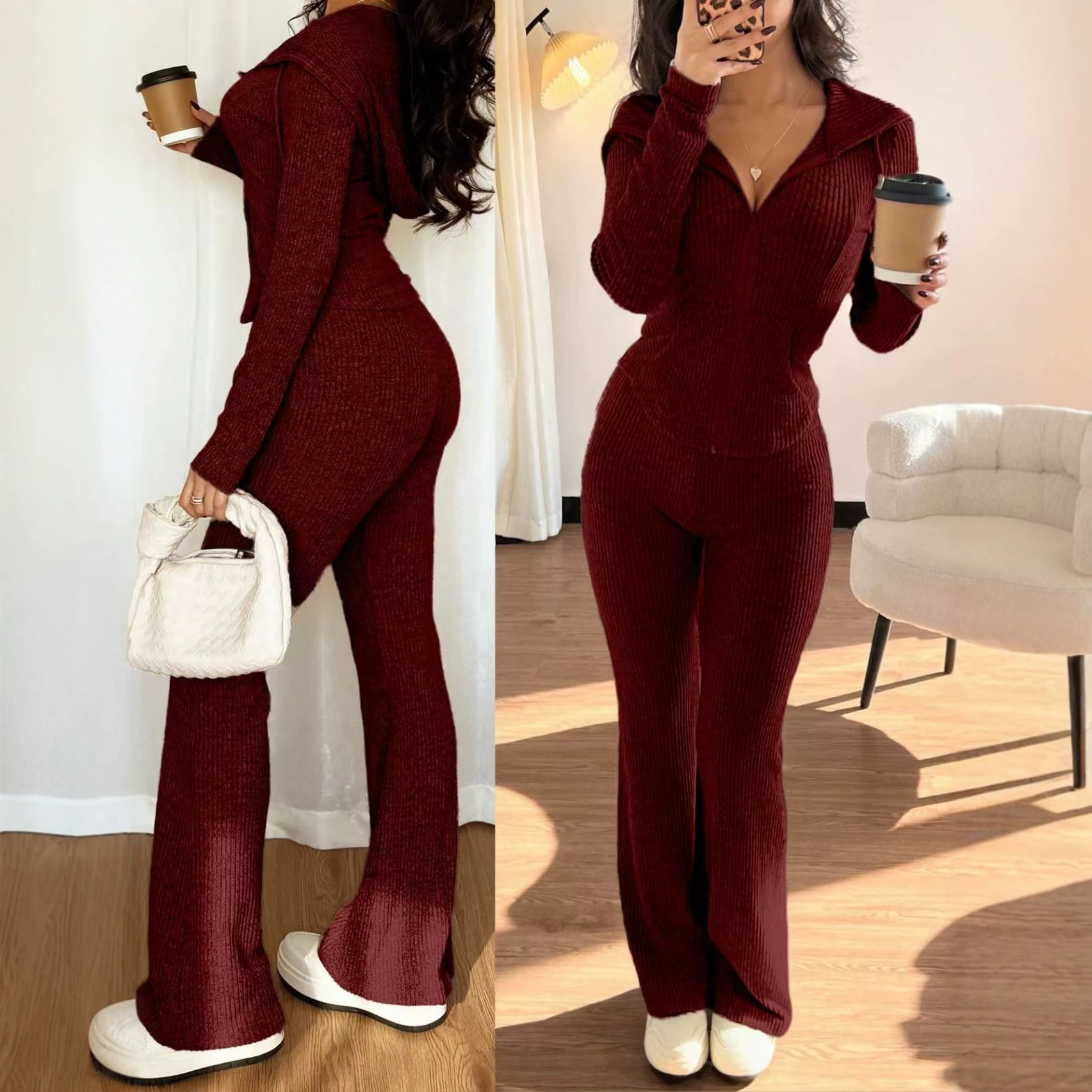 Women's Slim Fit Zip-Up Top and Pants Set
