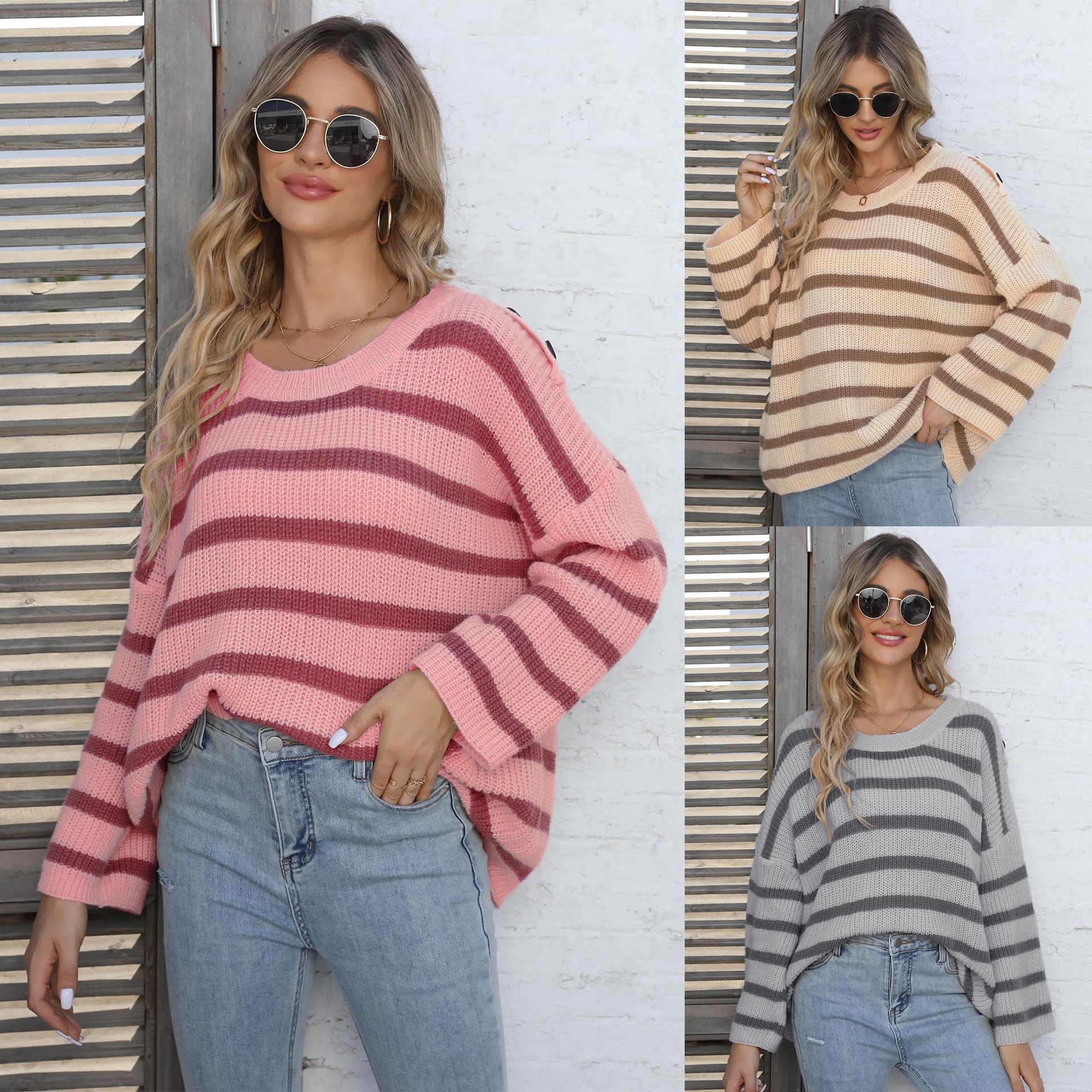 Women's Striped Colorblock Button-Trim Bell-Sleeve Sweater