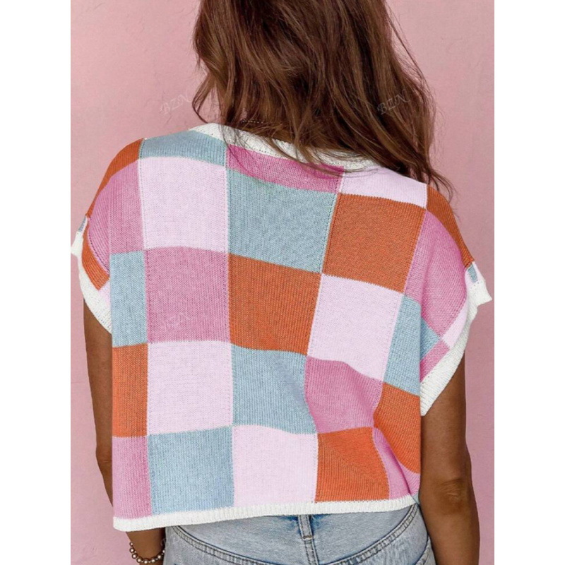 Color Block Checkered Cropped Knit Top