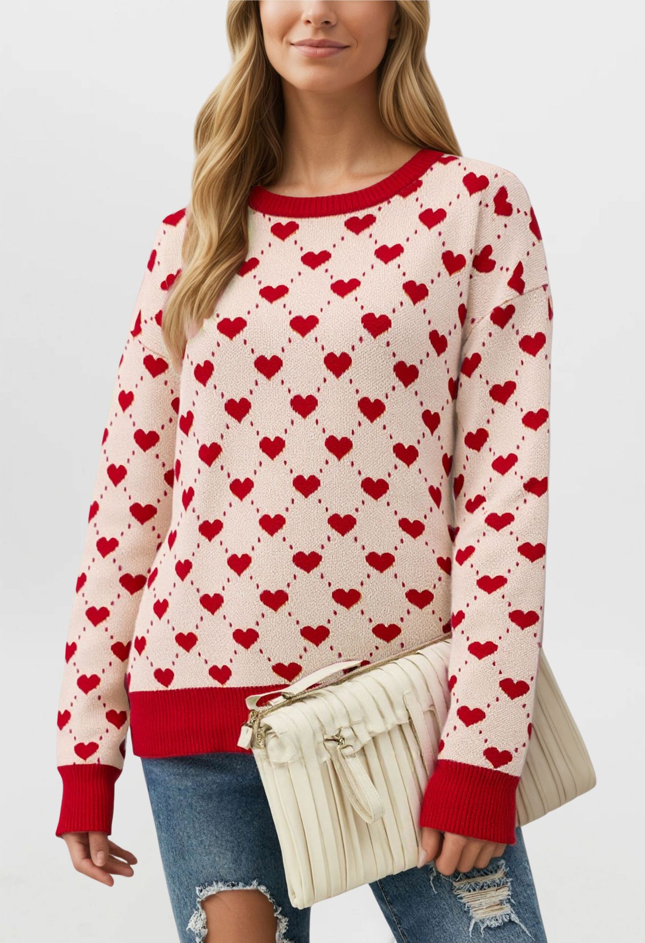 Women's Loose Oversized Heart Colorblock Crewneck Pullover Sweater