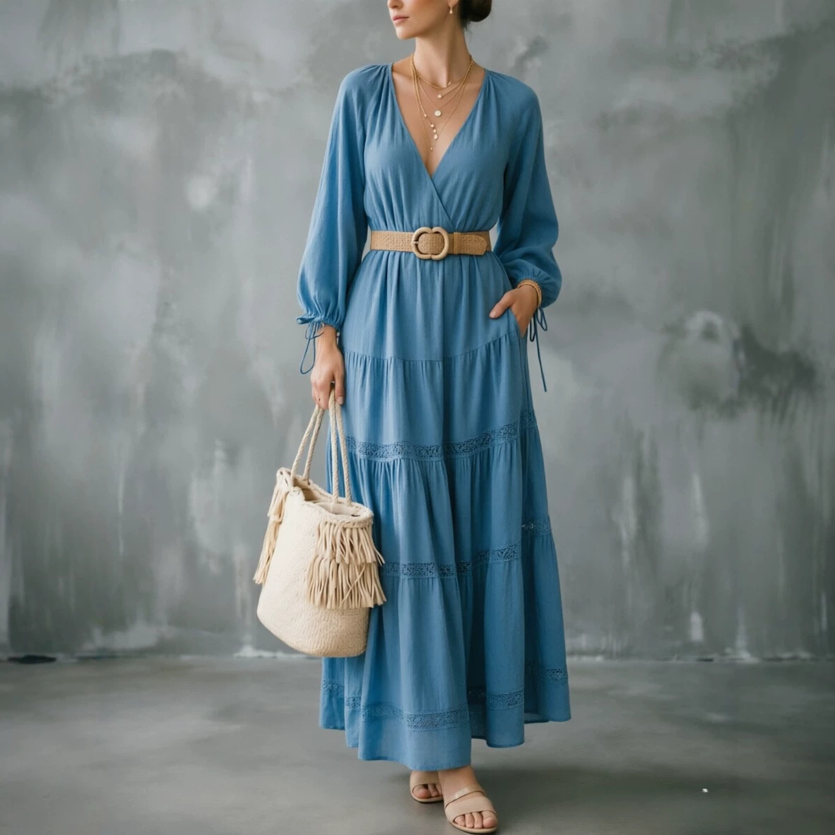 V-Neck Lace Panel Long Sleeve Midi Dress