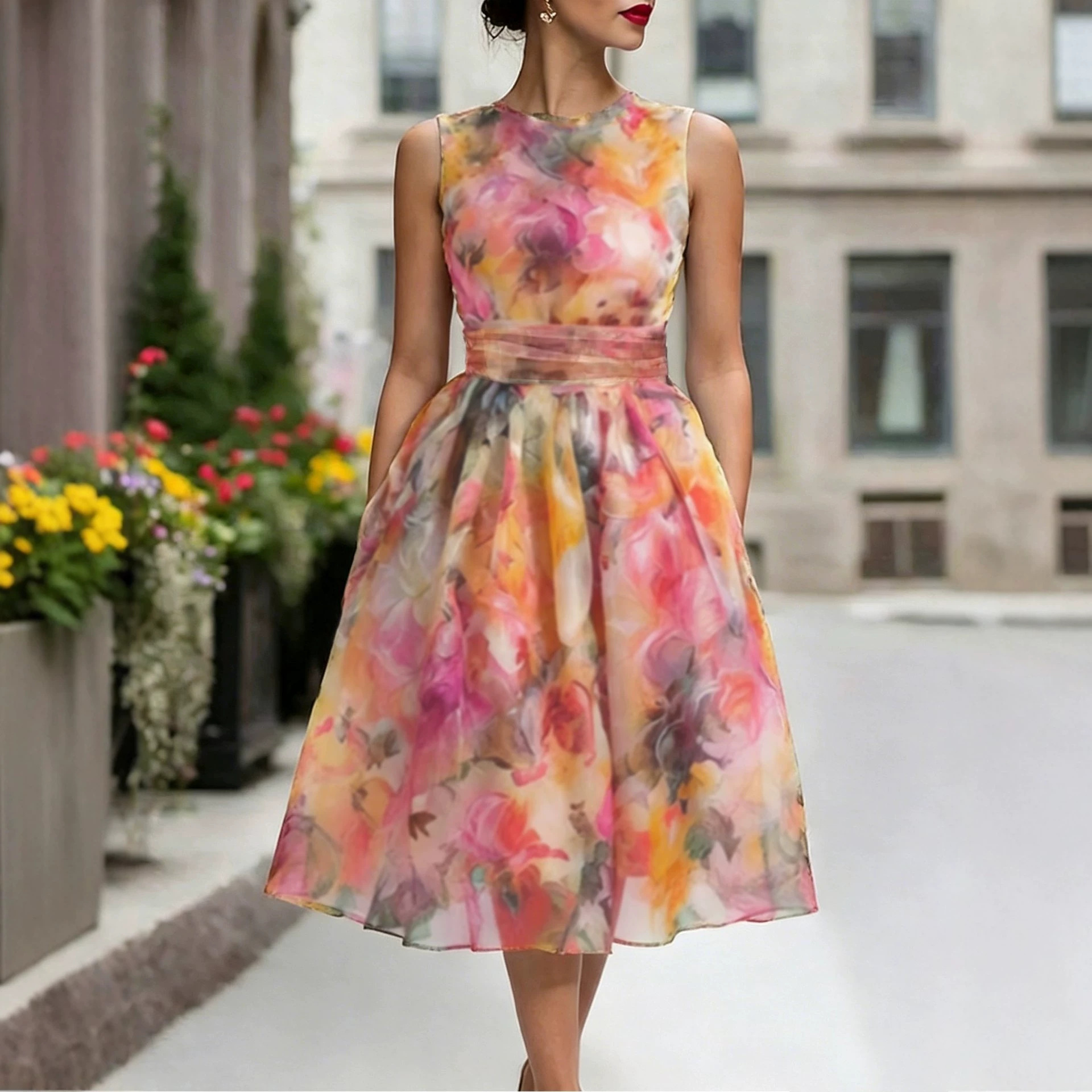 Orange Floral Sleeveless A-Line Midi Beach Dress