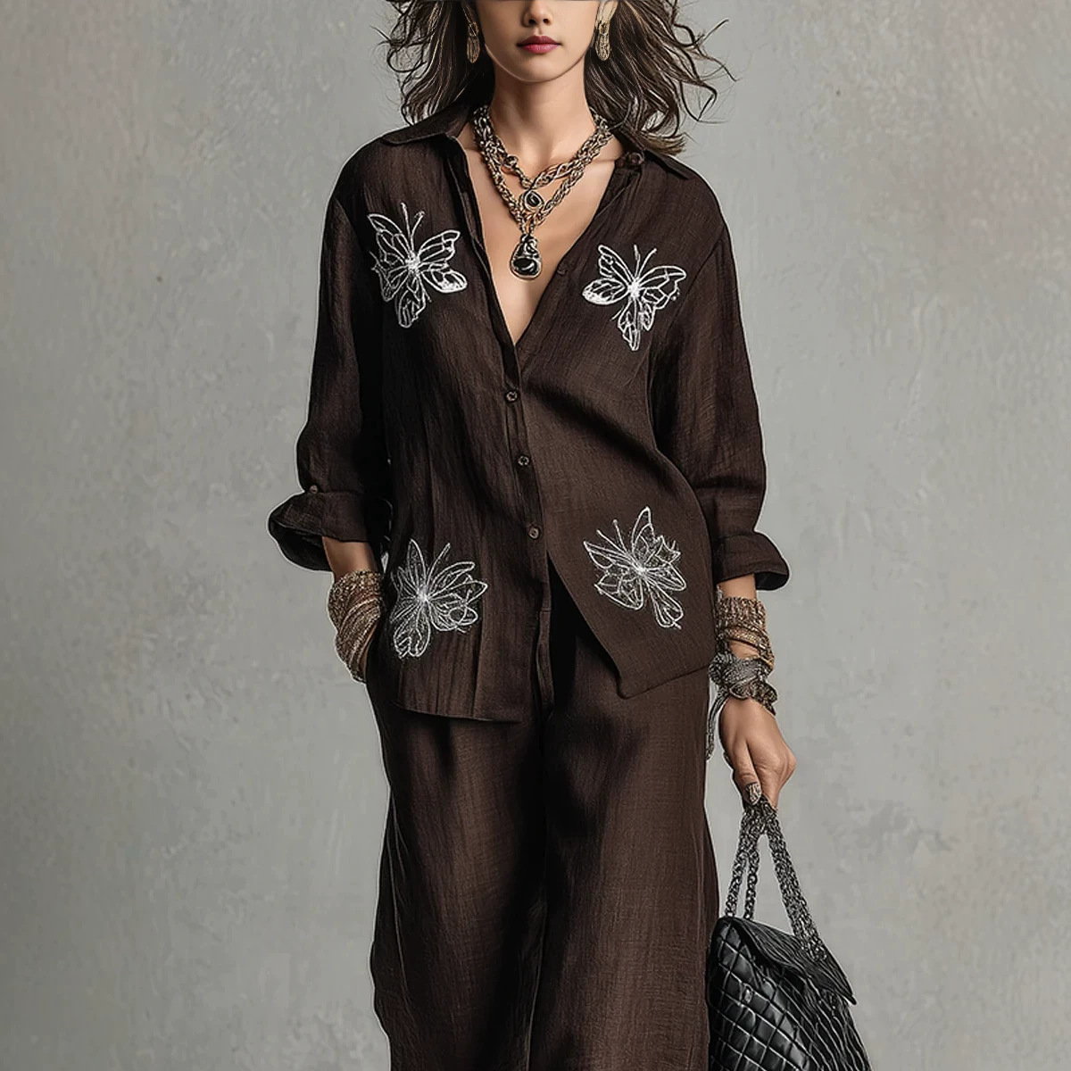 Butterfly Print Shirt & Wide-Leg Pants Two-Piece Set