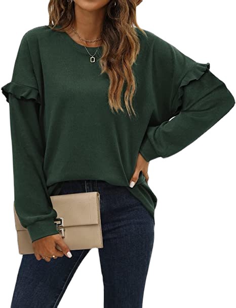 Women's Solid Color Crewneck Sweatshirt with Ruffle Trim Long Sleeve