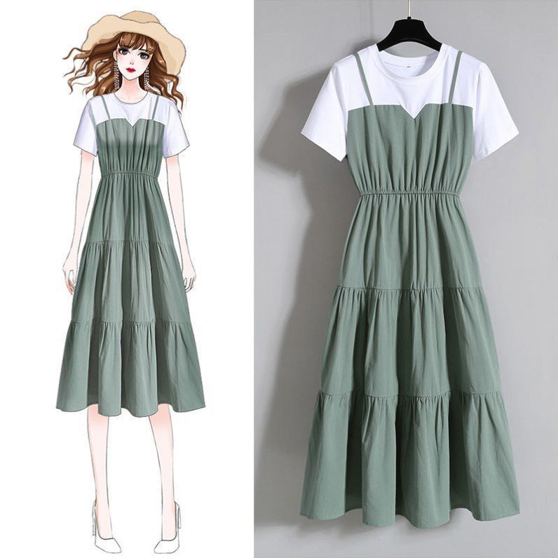 Women's Short Sleeve Faux Two-Piece A-Line Dress with Waist Cinch