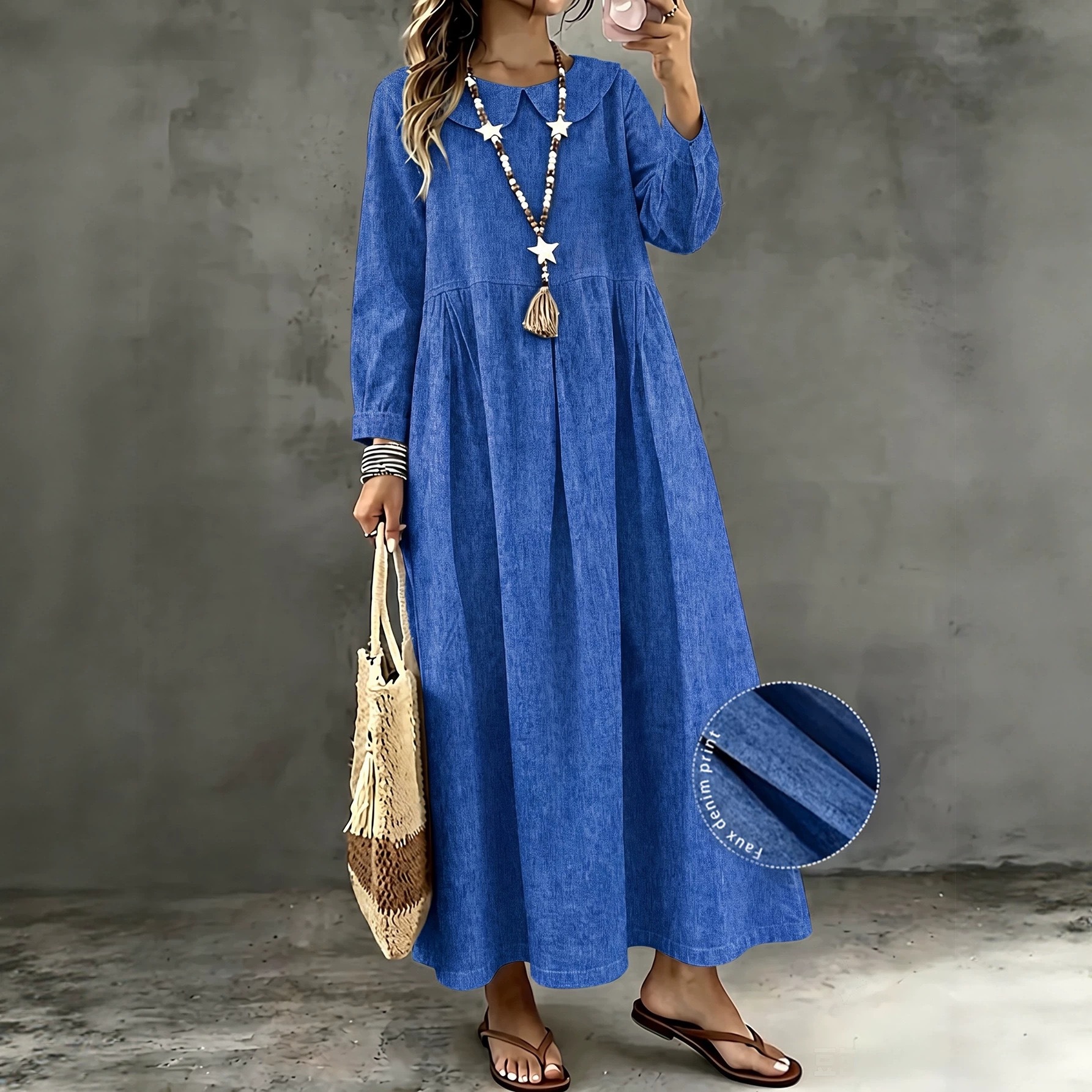Women's Casual Loose Denim Long Sleeve Collared Midi Dress Plus Size Blue