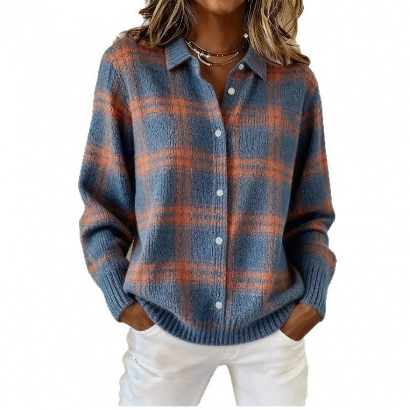 Women's Collared Button-Front Cardigan Sweater, Solid 3D Print Knit, Loose Fit