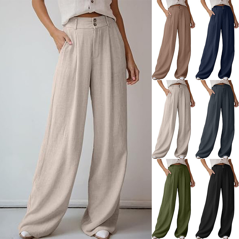 Women's Wide-Leg Cotton-Linen Pants High-Waist Flowy Straight-Leg
