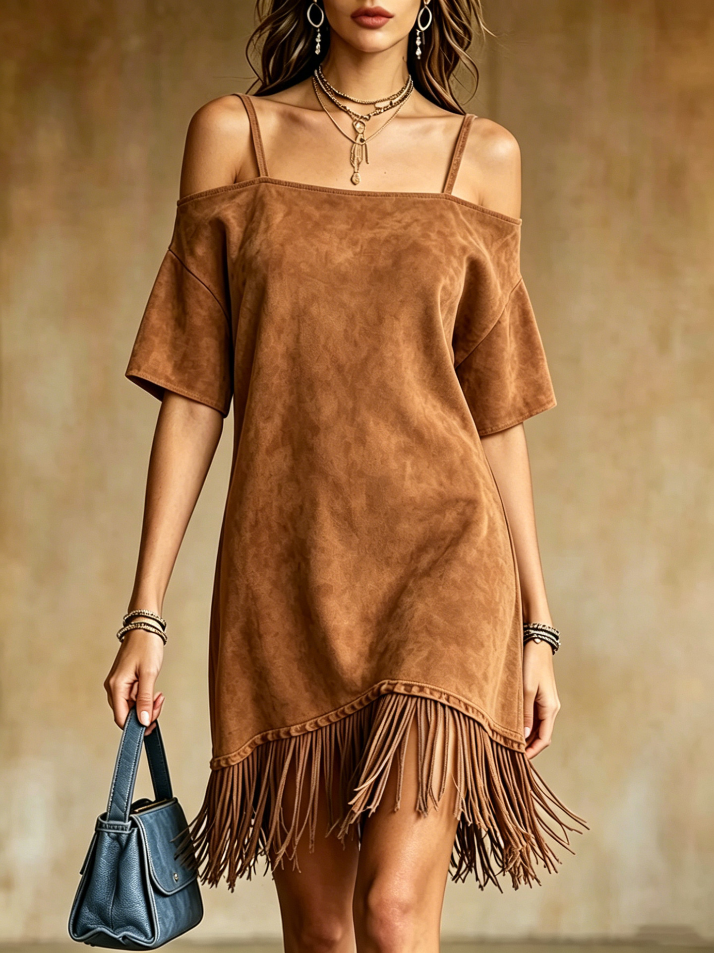 Suede Off-Shoulder Cami Dress with Fringe Hem Western Midi