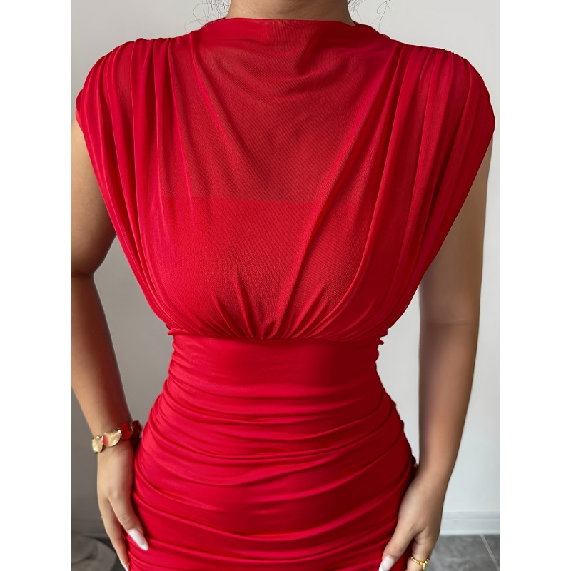 Women's Red Boat Neck Sleeveless Cutout Mesh Ruched Waist Long Dress