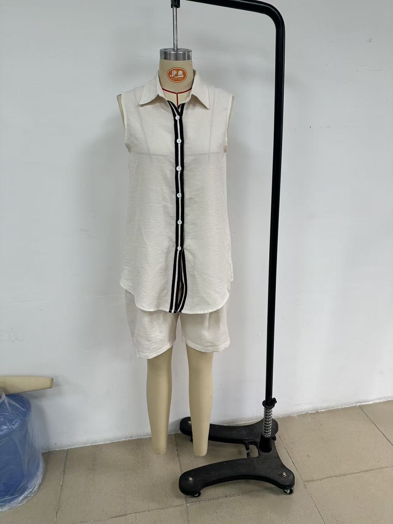Women's Sleeveless Linen Shirt and Shorts Set Single-Breasted Solid Color