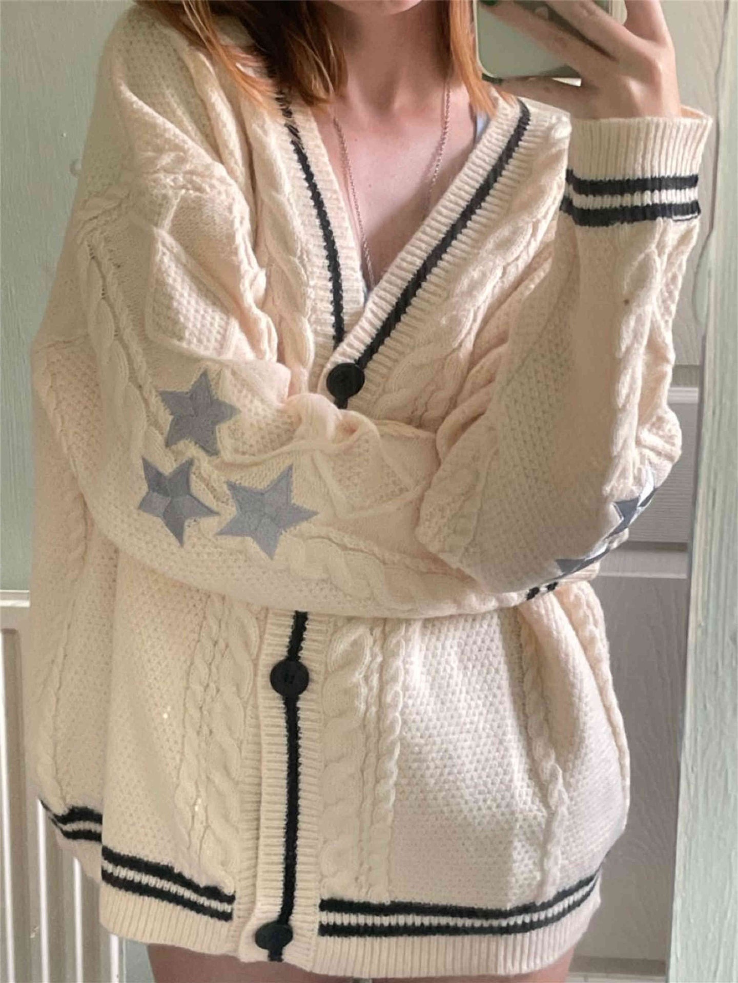 V-Neck Star Embroidered Button-Front Loose Knit Cardigan Sweater