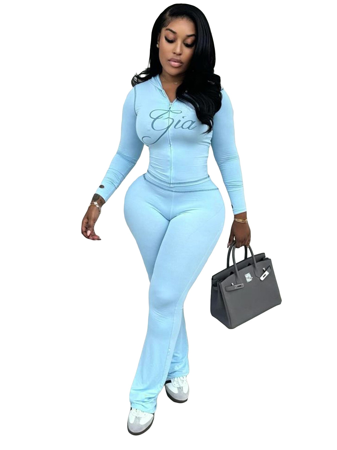 Women's Printed Hooded Long-Sleeve Thumbhole Two-Piece Set with Flared Pants