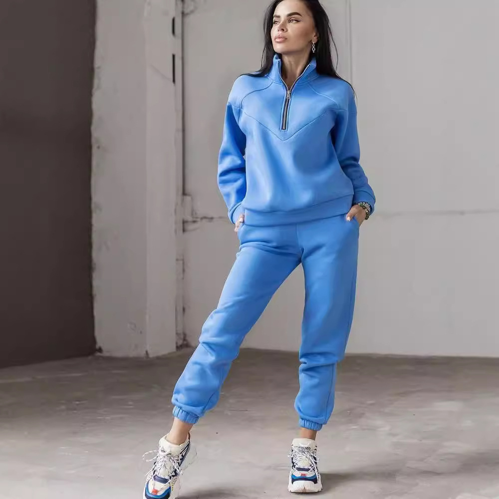 Fleece-Lined Hoodie and Jogger Two-Piece Set, Solid Color Long Sleeve