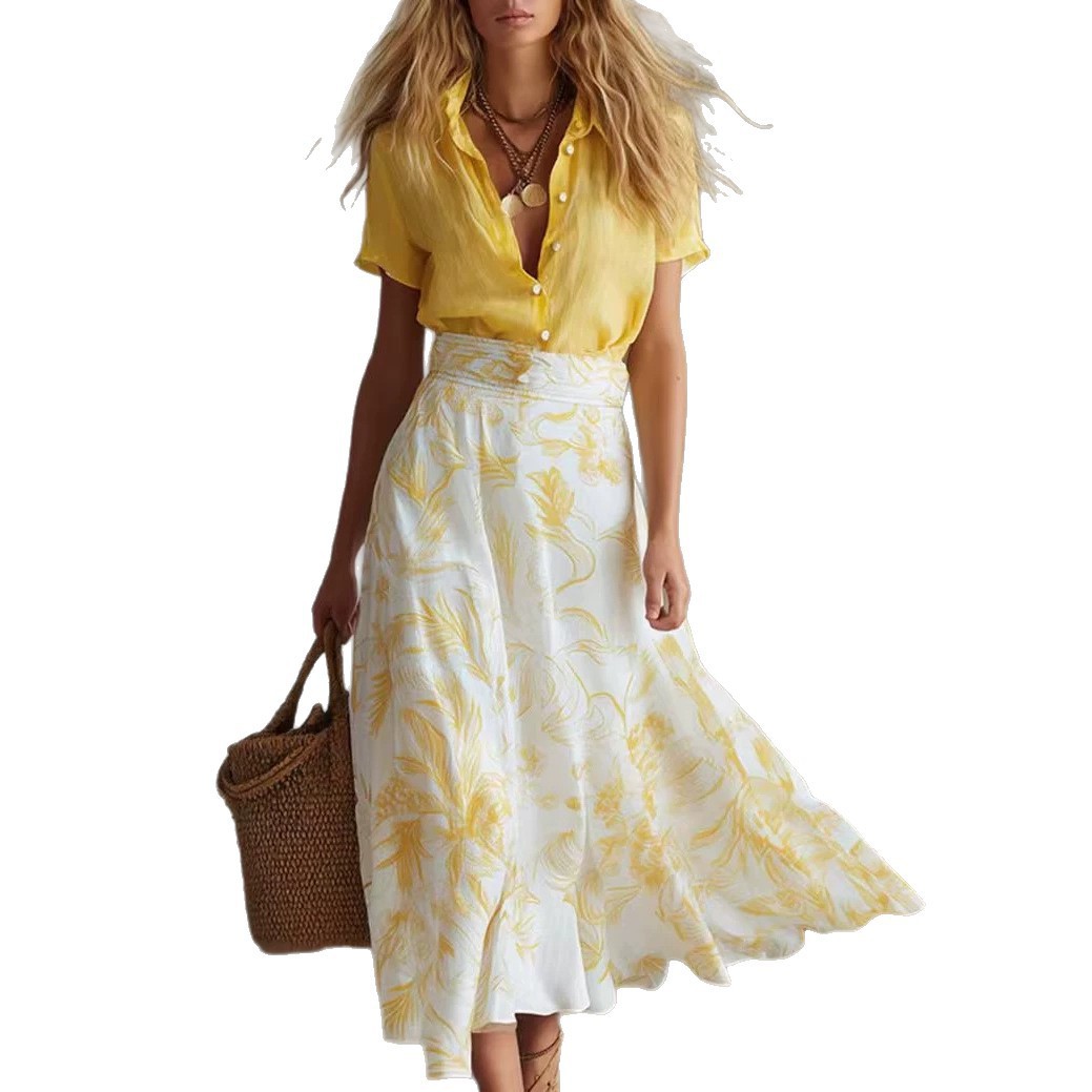 Women's Colorblock Shirt and Skirt Two-Piece Set Casual Spring Summer