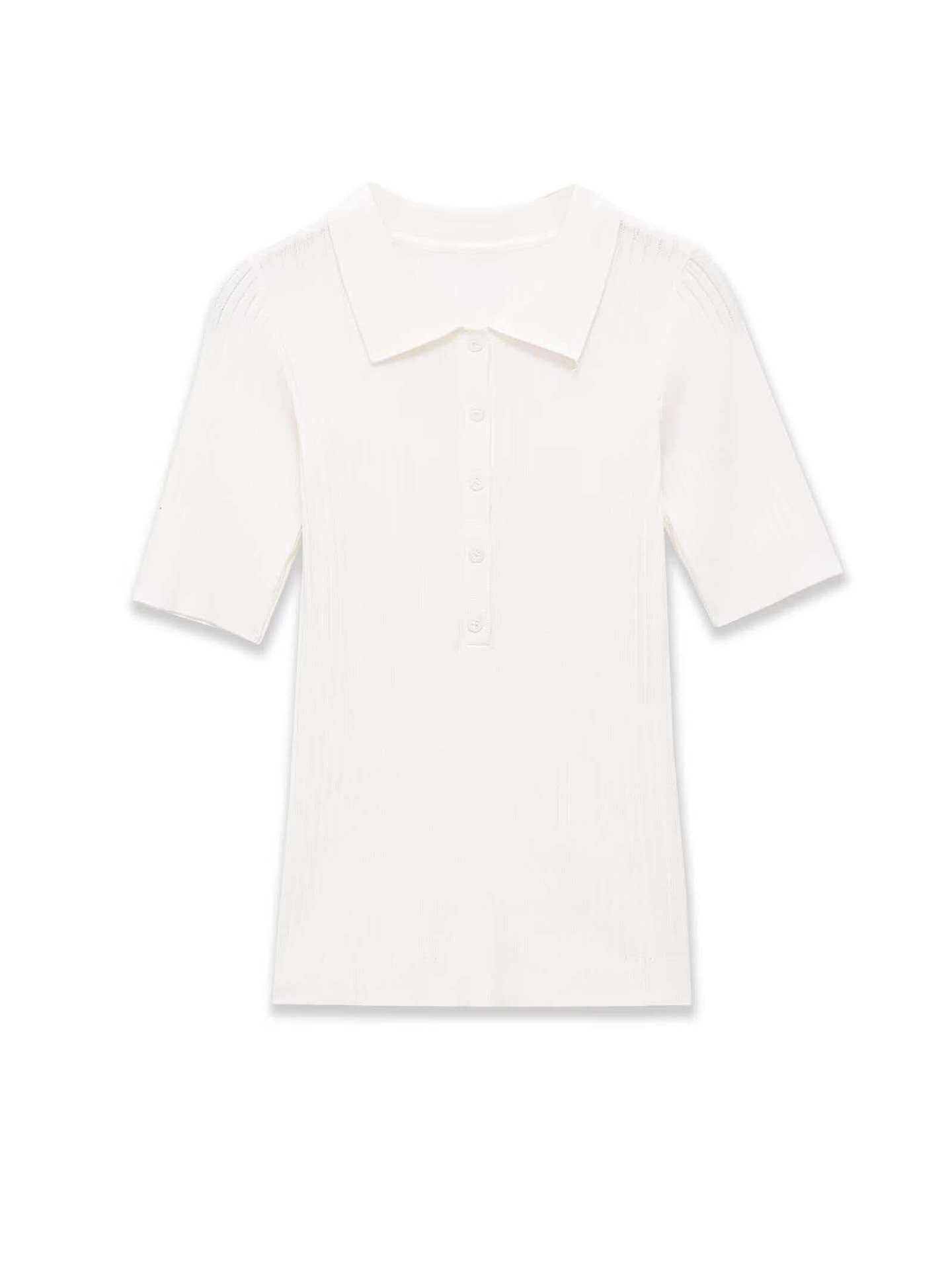 White Polo Collar Half-Sleeve Knit Top