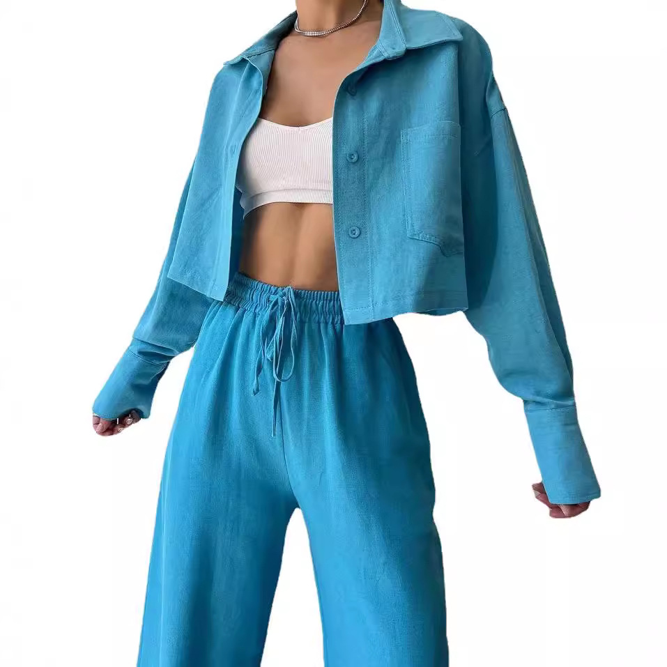Solid Color Long Sleeve Cropped Shirt and Drawstring Pants Set