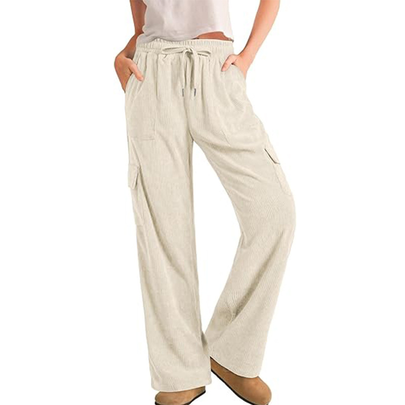 Corduroy Cargo Pants for Women Elastic Waist Wide Leg Loose Straight Casual