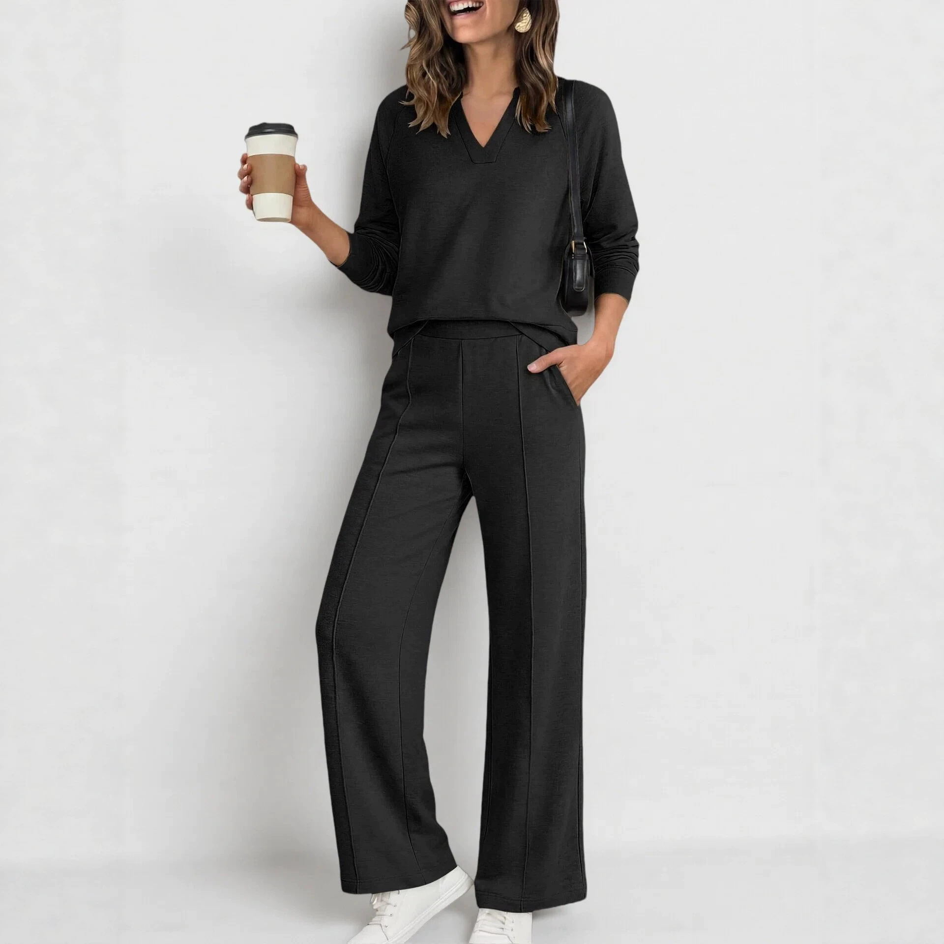 Women's Solid V-Neck Long-Sleeve Sweatshirt and Pants Set