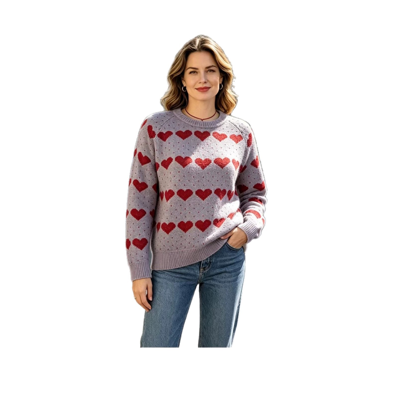 Heart Jacquard Knit Cardigan Wool-Blend V-Neck Loose Casual Sweater