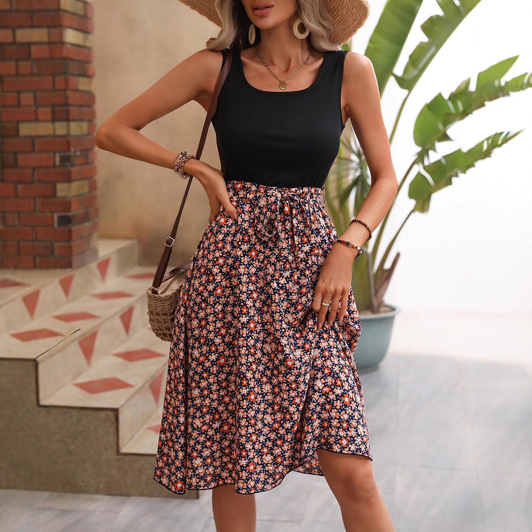 Women's Vintage V-Neck Sleeveless Black Print Flared Midi Dress