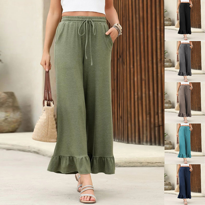 Ruffled Cropped Pants Women's Lightweight Loose Casual Loungewear