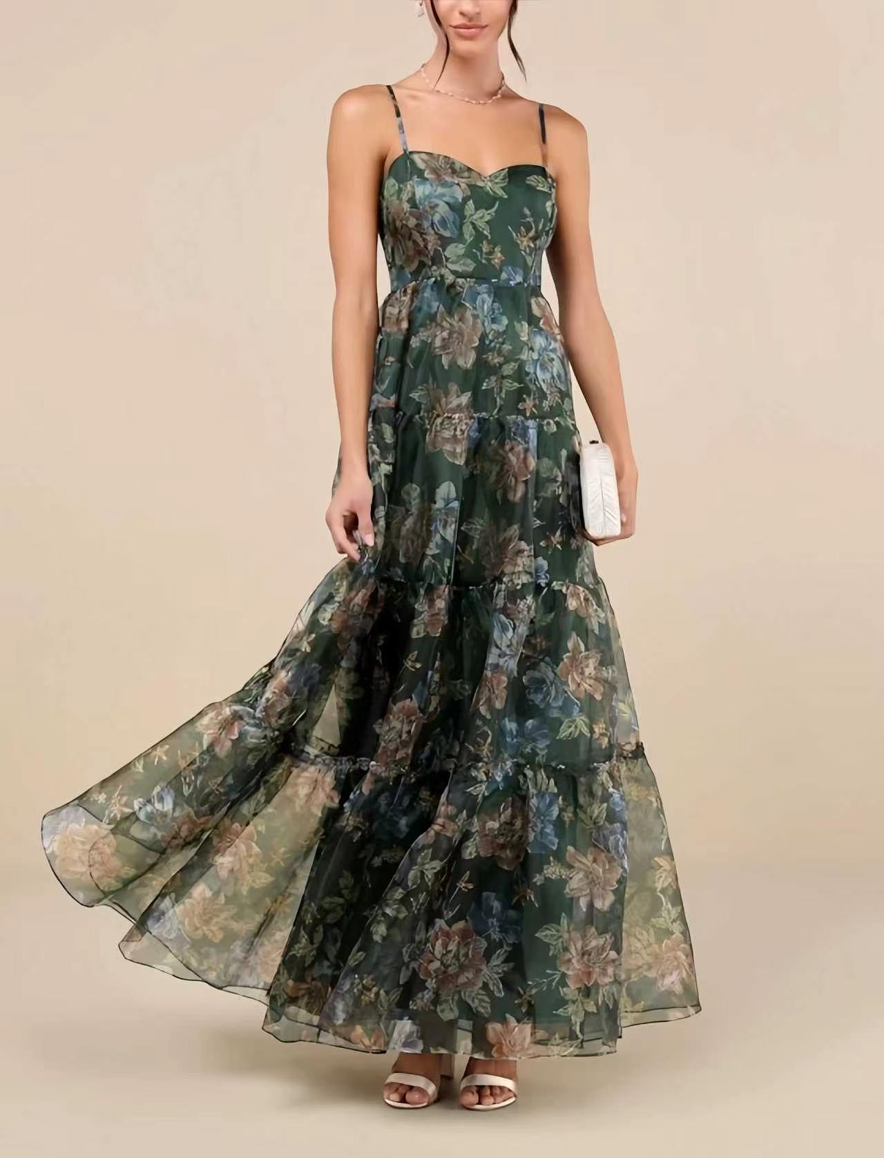 Dark Green Vintage Floral Print Sleeveless Tiered Maxi Dress with Flowy Mesh