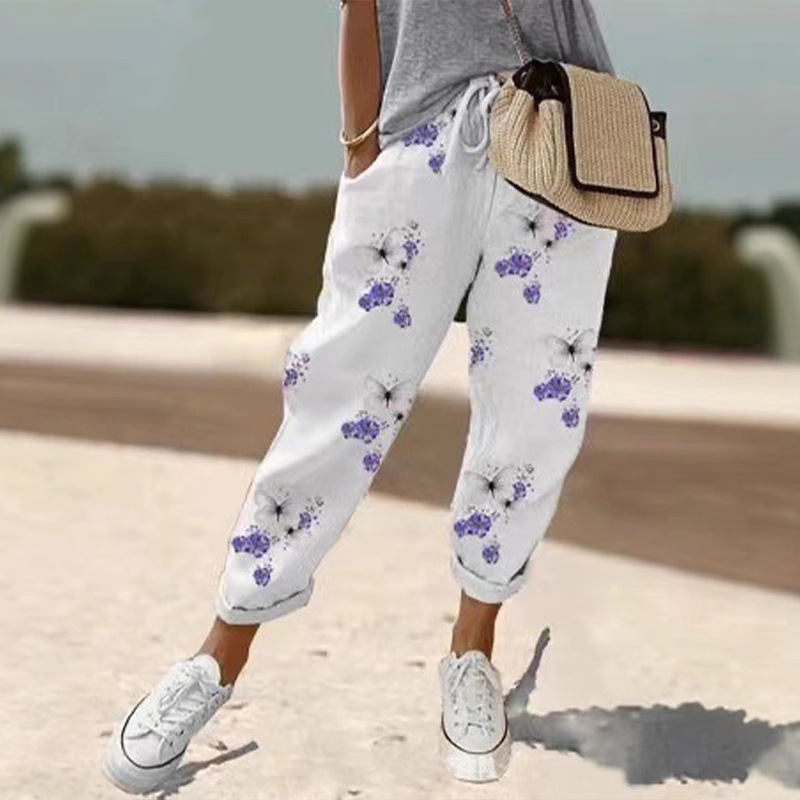 Women's Printed Cotton-Linen Casual Pants with Pockets