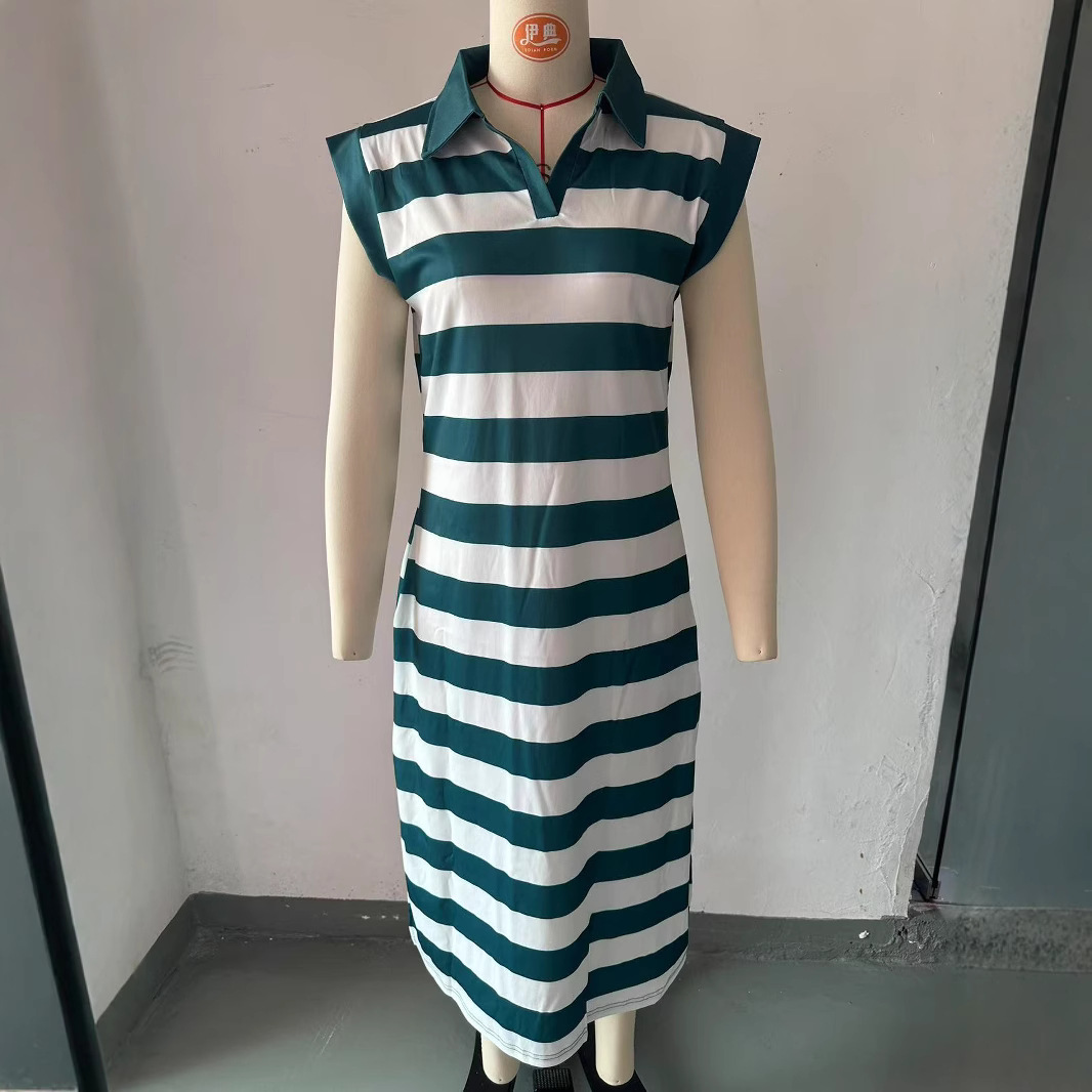 Striped Collared Long Dress with Pockets