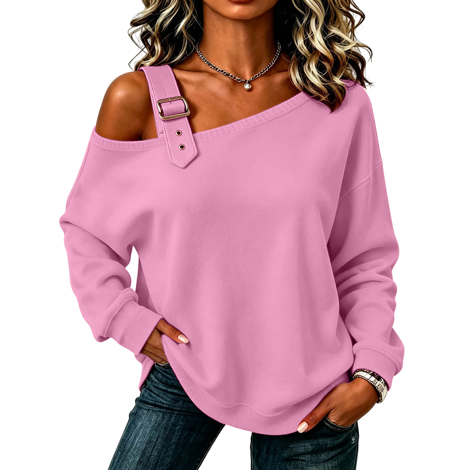 Solid Color Long Sleeve Off-Shoulder Button Hoodie