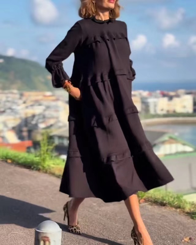 Women's Long Sleeve Ruffle Round Neck Dress