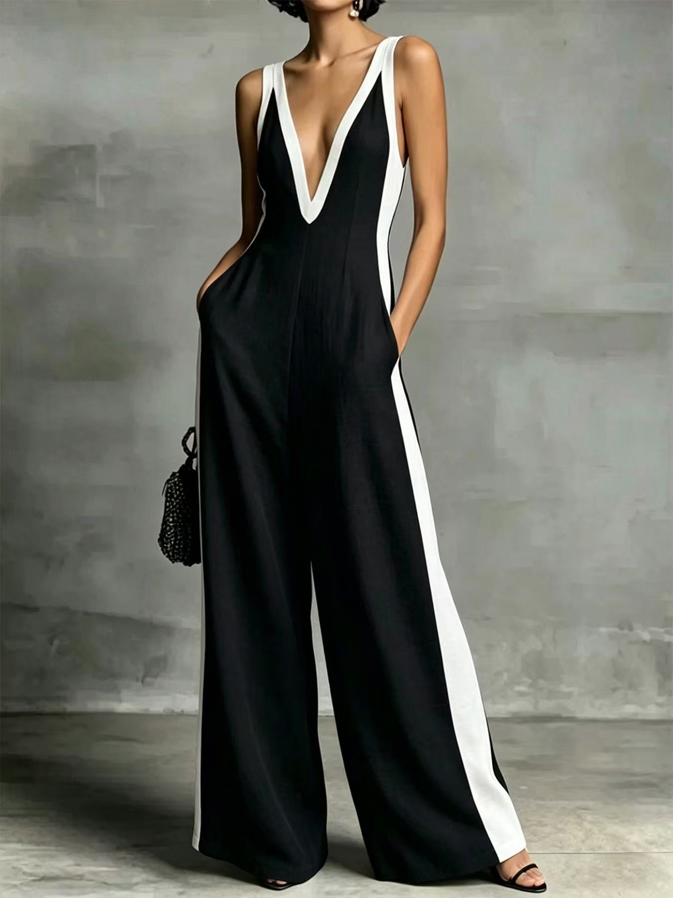 V-Neck Sleeveless Colorblock Wide-Leg Jumpsuit