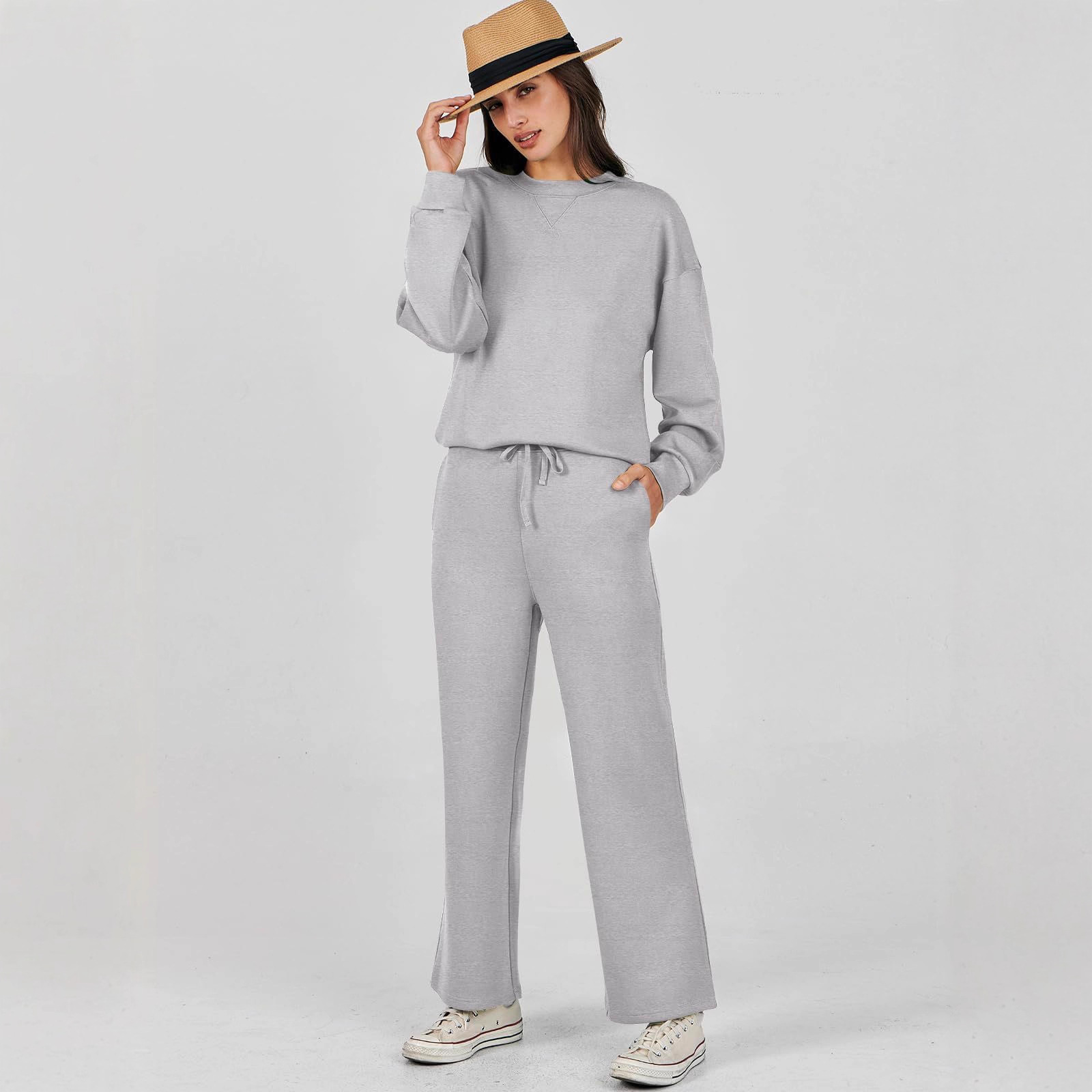 Women's Solid Crewneck Long Sleeve Sweatshirt and Pants Set