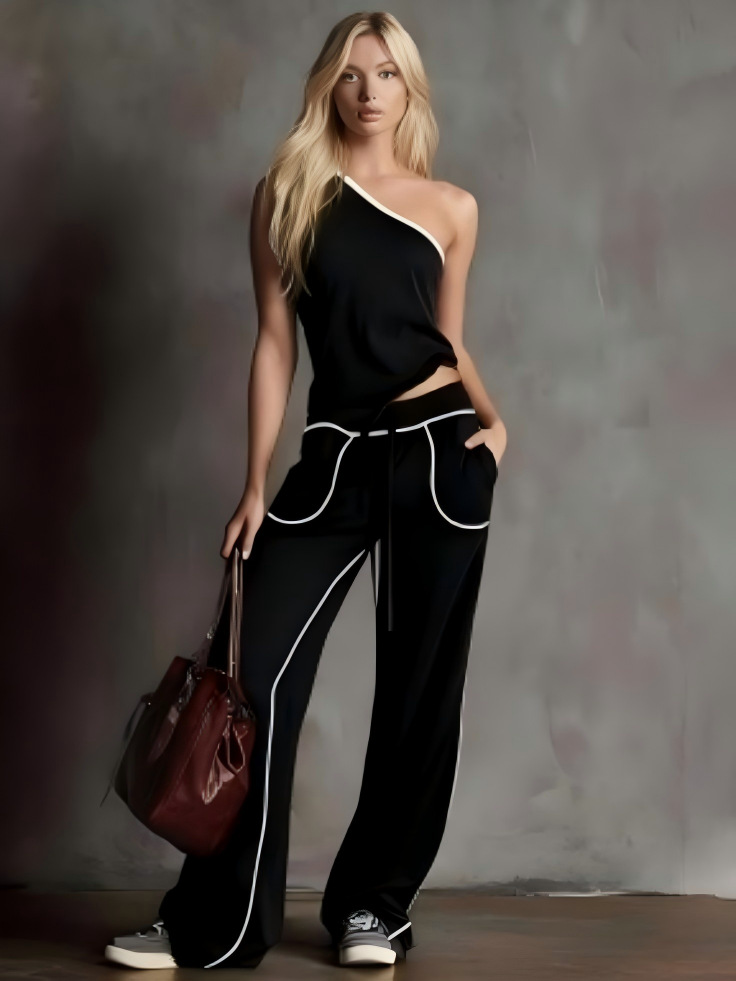 Women's Straight-Leg Wide-Leg Pants and One-Shoulder Top Two-Piece Set