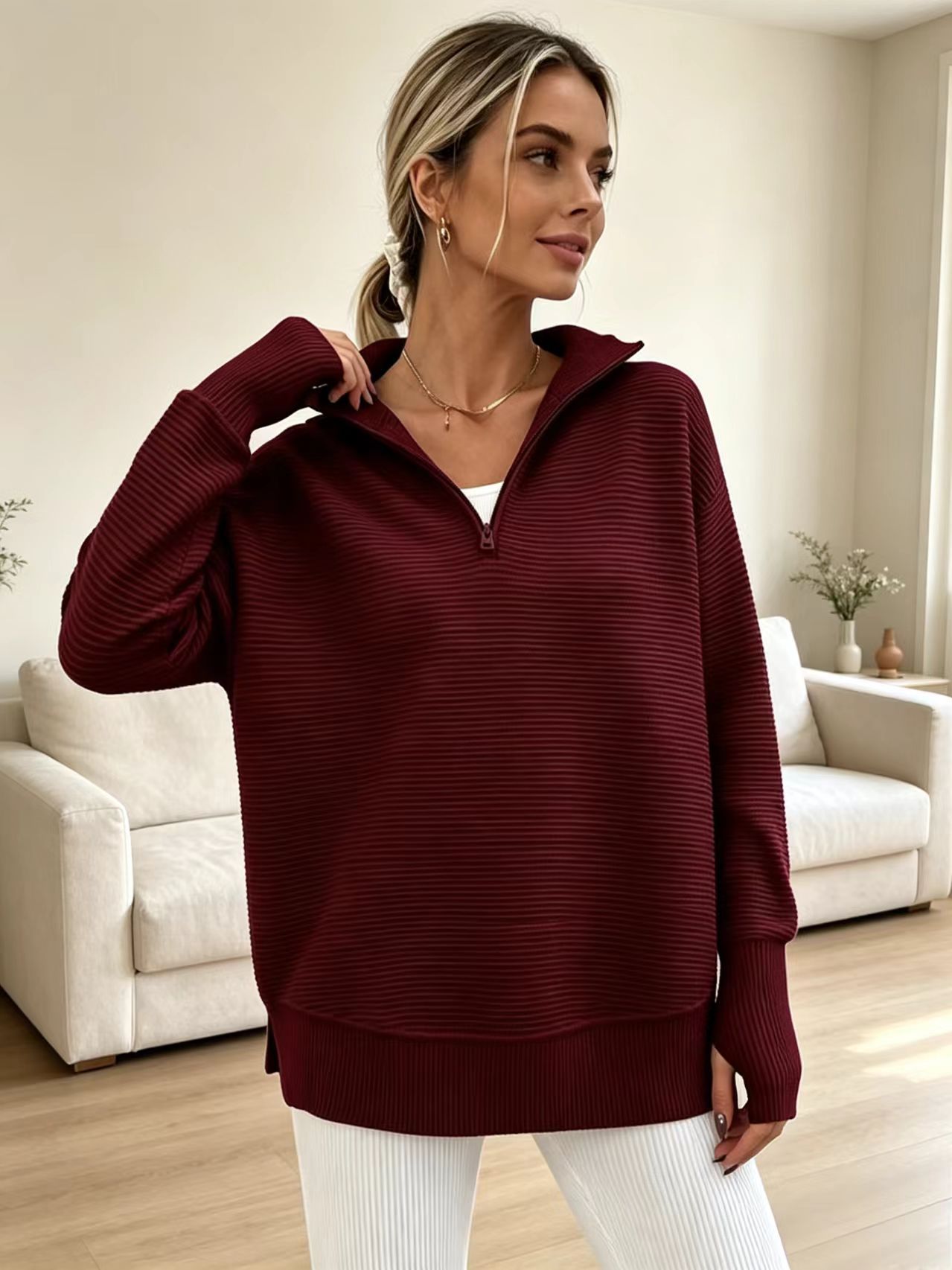 Women's Knit Half-Zip V-Neck Loose Midi Pullover Sweater with Dolman Sleeves