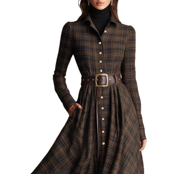 Plaid Collared Button-Front Shirt Dress with Pockets and Elastic Waist