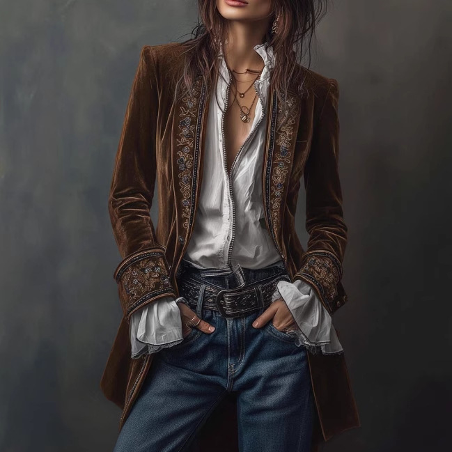 Women's Long Sleeve Colorblock Lace Trim Velvet Jacket