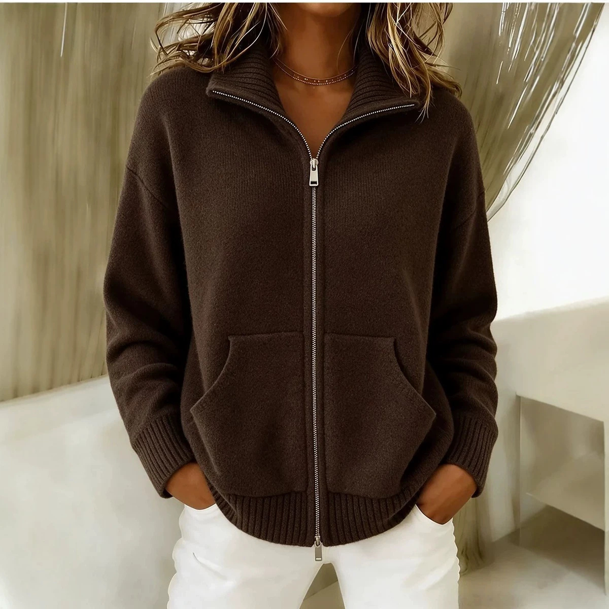 Women's Knit Polo Collar Zip-Up Sweatshirt