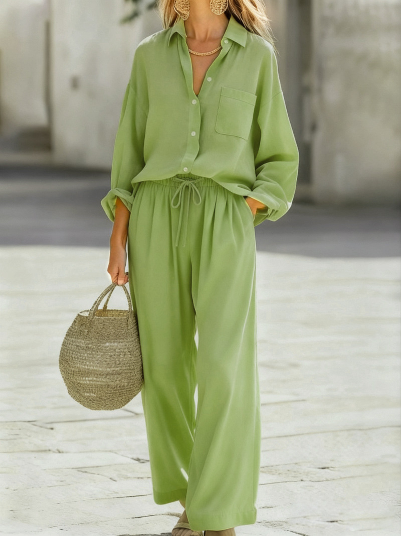 Women's Solid Color Faux Linen Long Sleeve Shirt and Pants Set