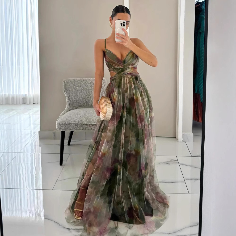 Women's Printed Mesh Cami Dress Sleeveless V-Neck Long Flowy Vacation Party Dress