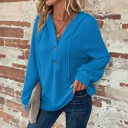 Women's Solid Color Long Sleeve V-Neck Hooded Button Sweatshirt