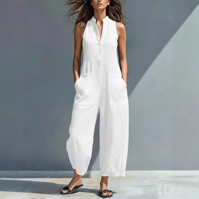 Women's Casual Sleeveless Stand Collar Pocket Jumpsuit